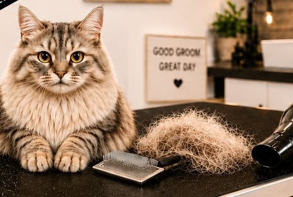 A fluffy cat freshly groomed on the table at Samz' Pet Club